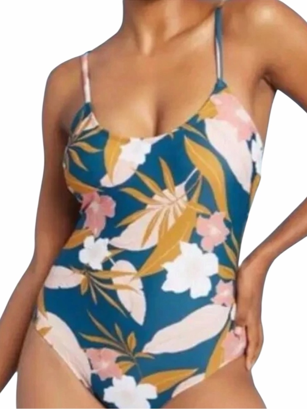 Kona Sol Botanical Floral Criss Cross One Piece Swimsuit Teal Pink Medium